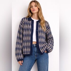 Vans Alta Chunky Knit Cardigan Navy Lavender Green Striped Pattern XS/S